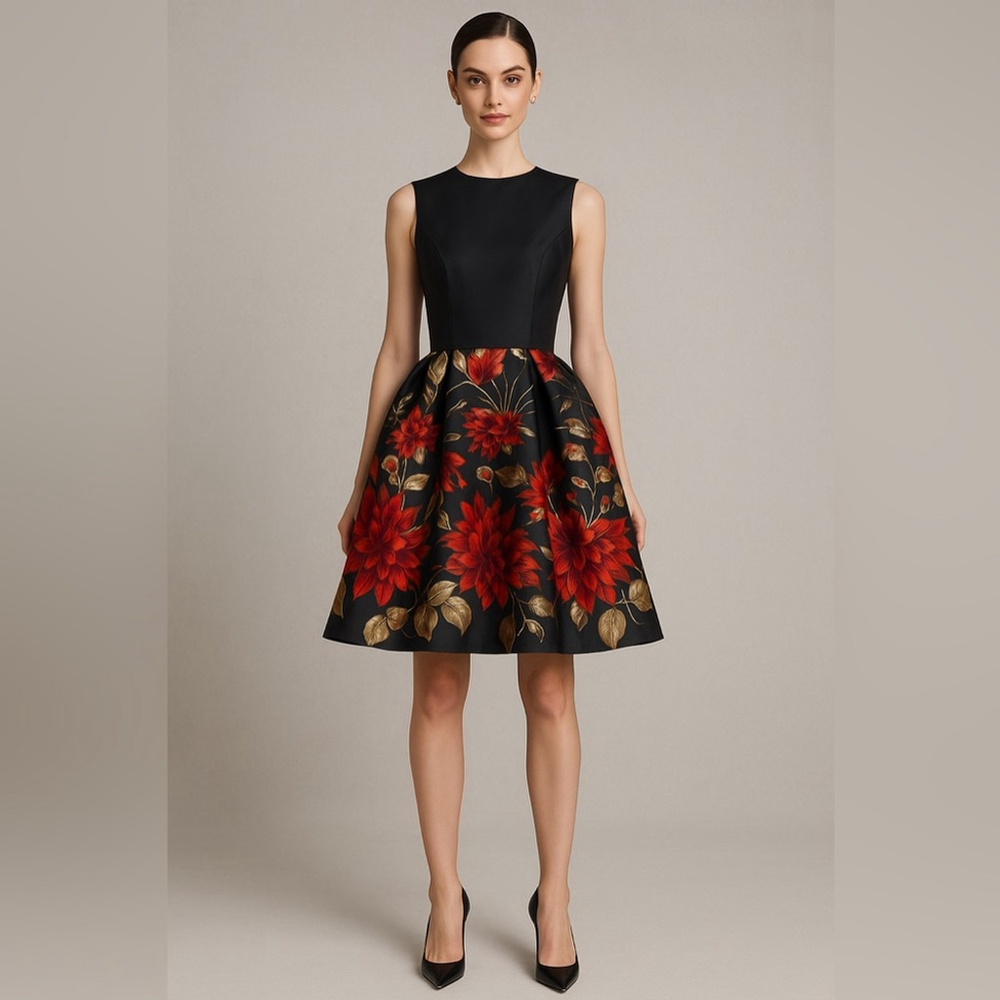 Wayne clark Black Floral Cocktail Dress Size 4 
full skirt